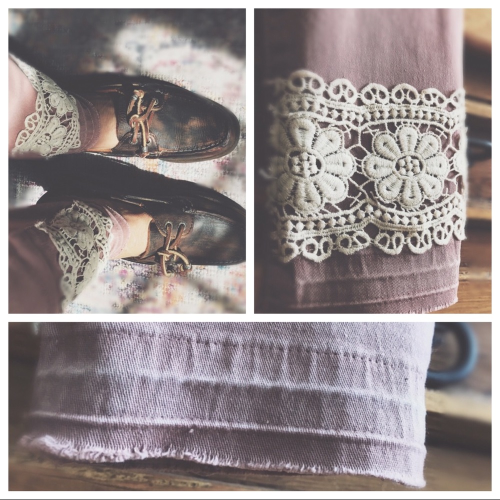 OOAK Artisan Reworked Mauve Skinny Jeans | Raw Hem & Cotton Lace | 7 - Picture 4 of 8